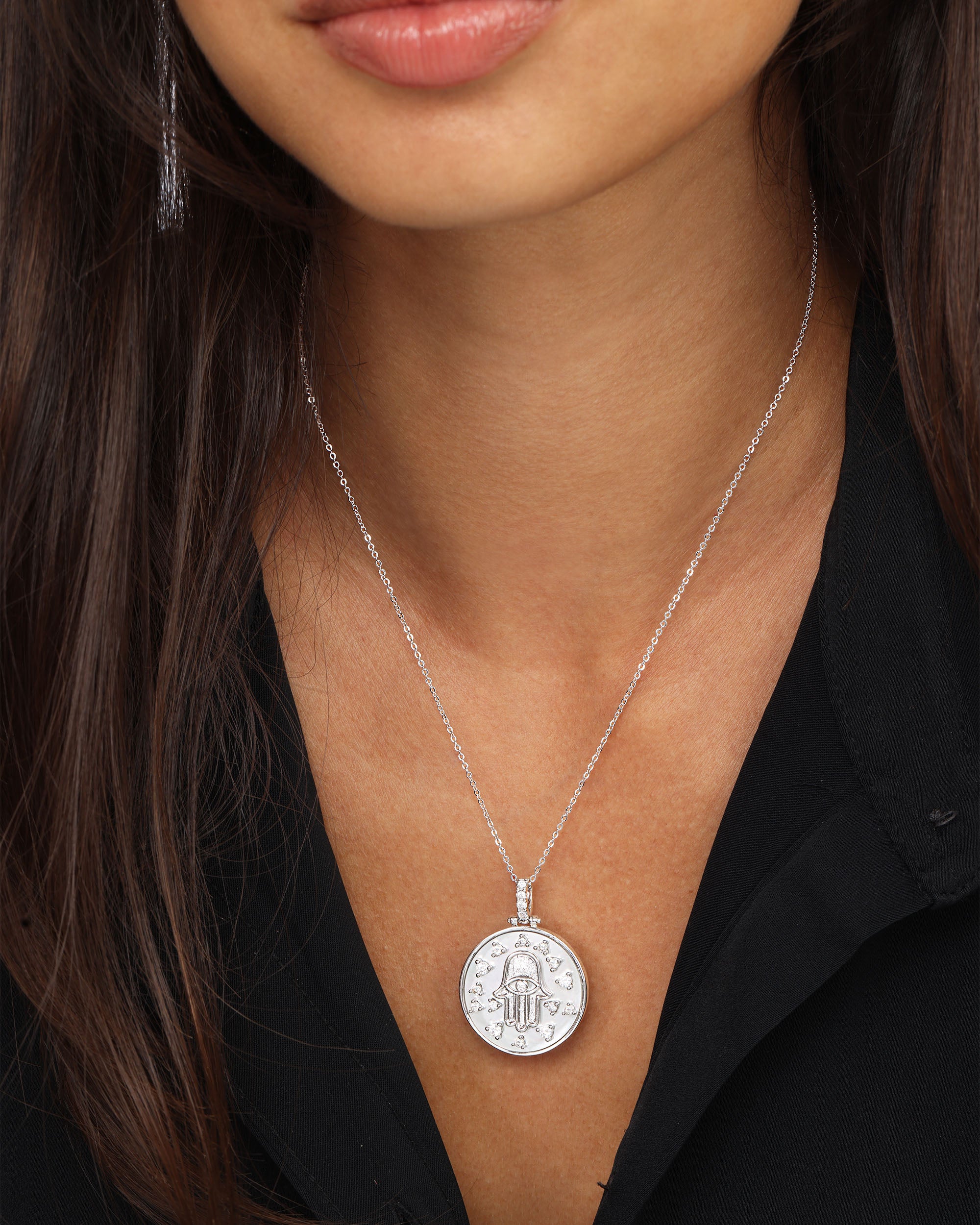 Hamsa Medallion Necklace - Silver|White Diamondettes