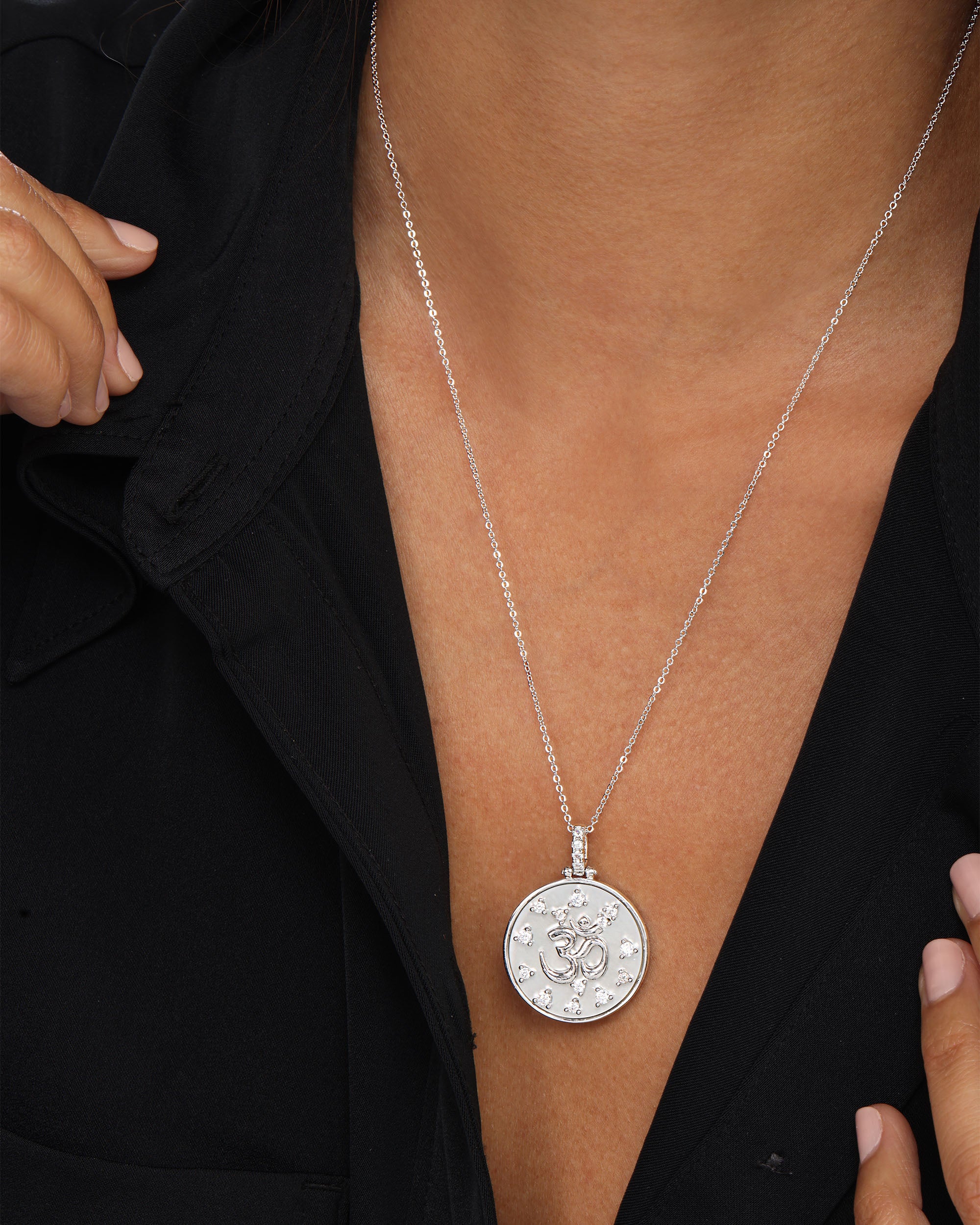 Om Medallion Necklace - Silver|White Diamondettes