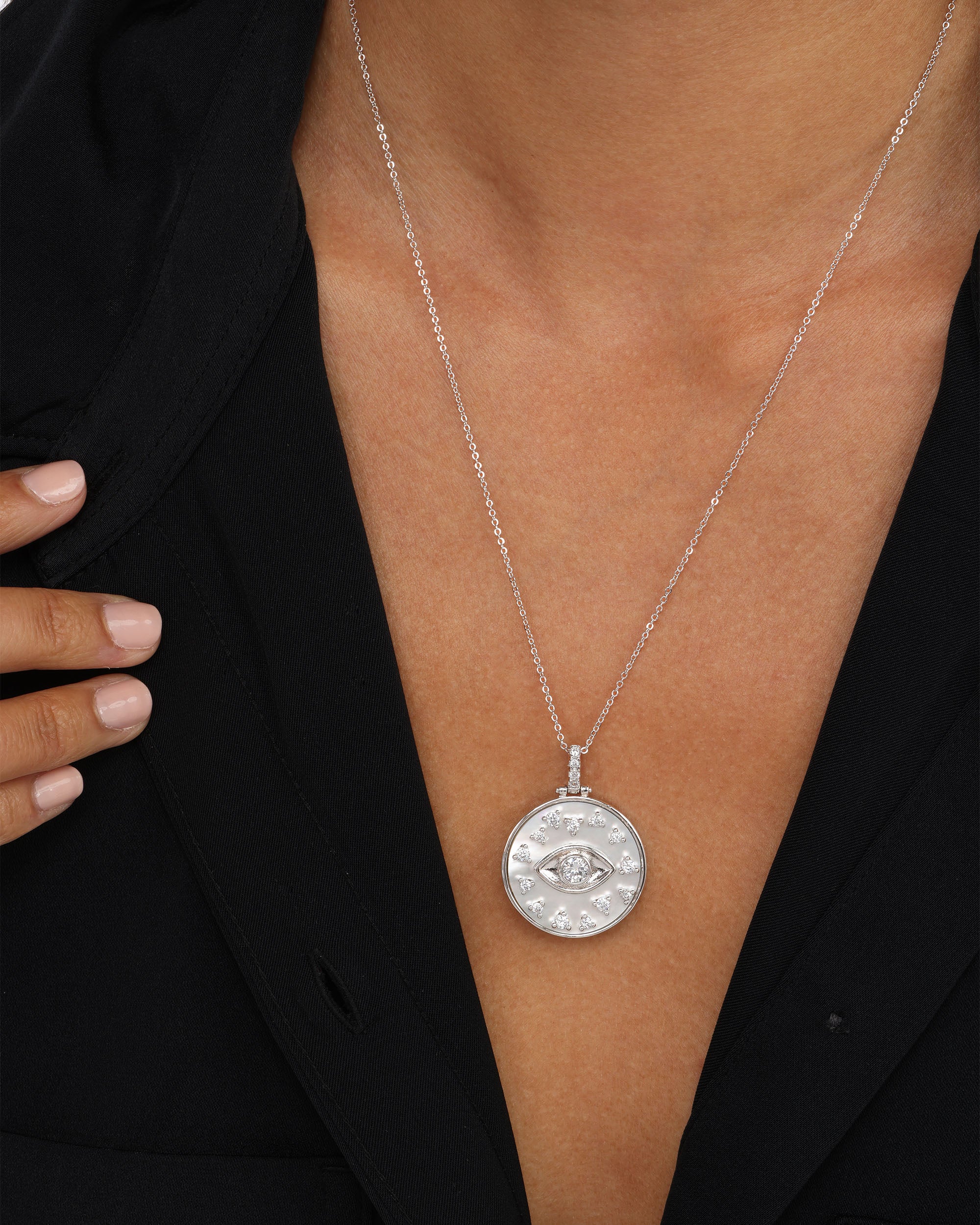 Evil Eye Medallion Necklace - Silver|White Diamondettes