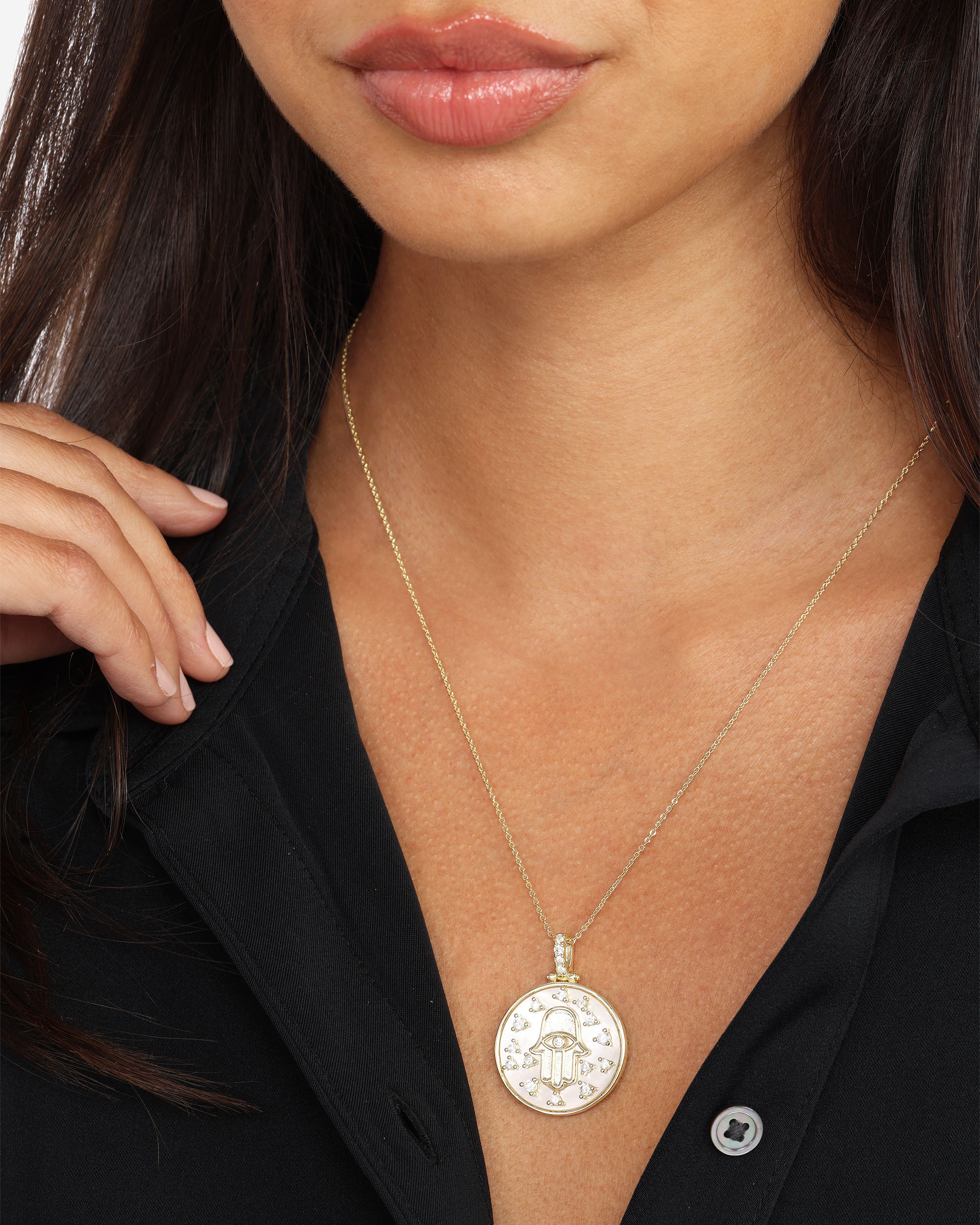 Hamsa Medallion Necklace - Gold|White Diamondettes