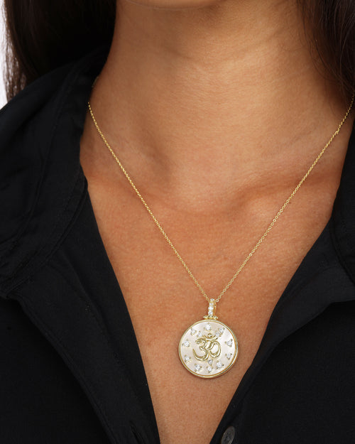 Om Medallion Necklace - Gold|White Diamondettes