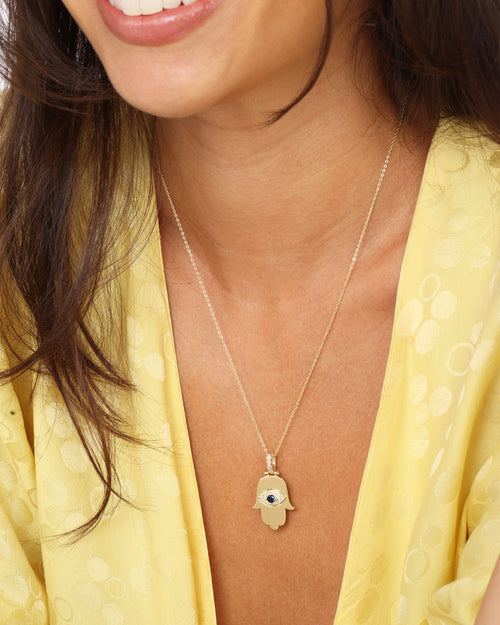 Hamsa Pendant Necklace - Gold|White Diamondettes