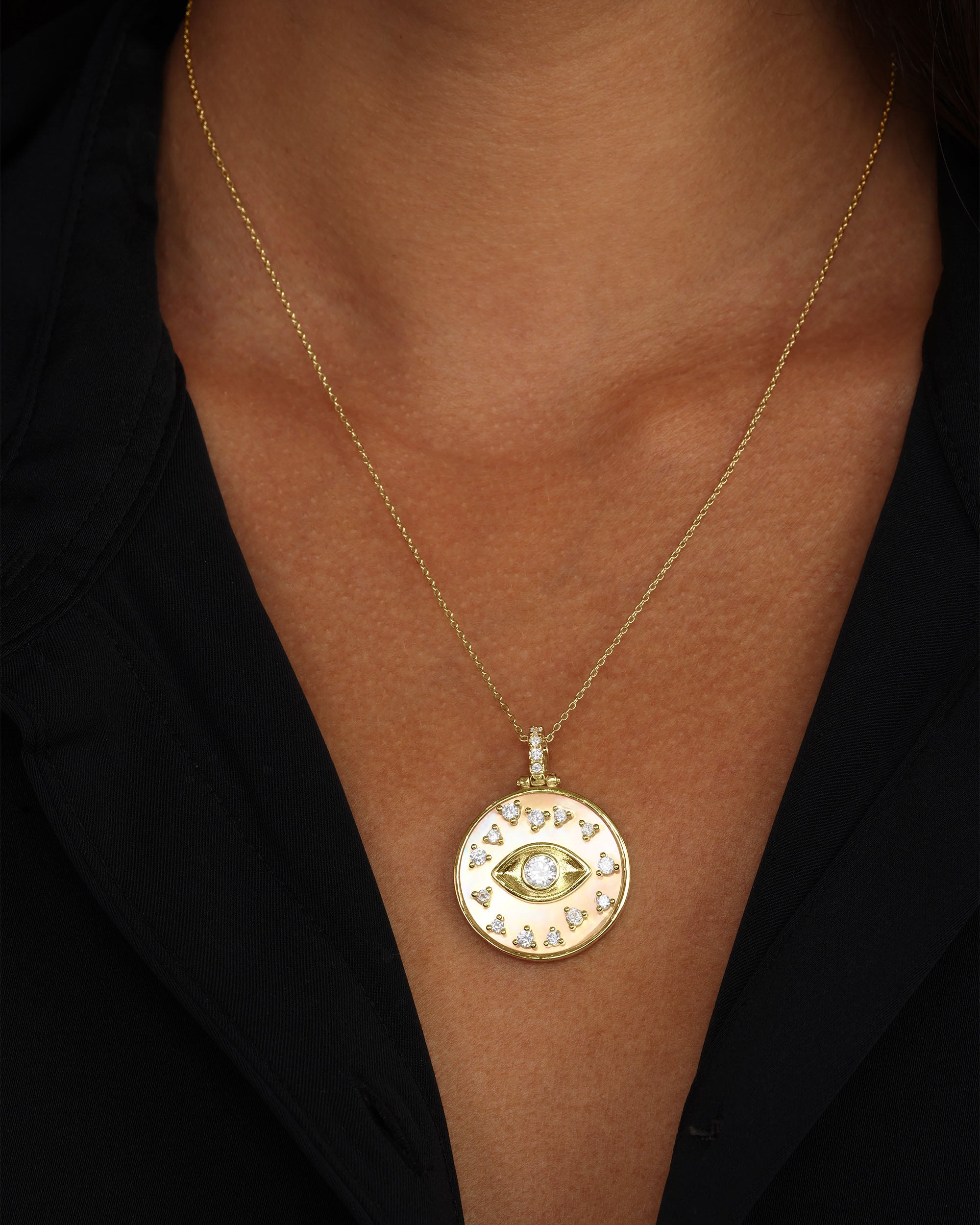 Evil Eye Medallion Necklace - Gold|White Diamondettes