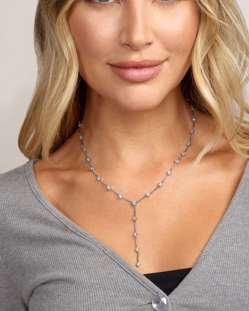 Lavish Lariat Necklace - Silver|White Diamondettes