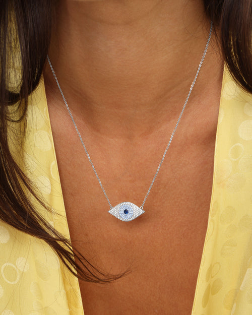 Blue Evil Eye Necklace - Silver|White Diamondettes