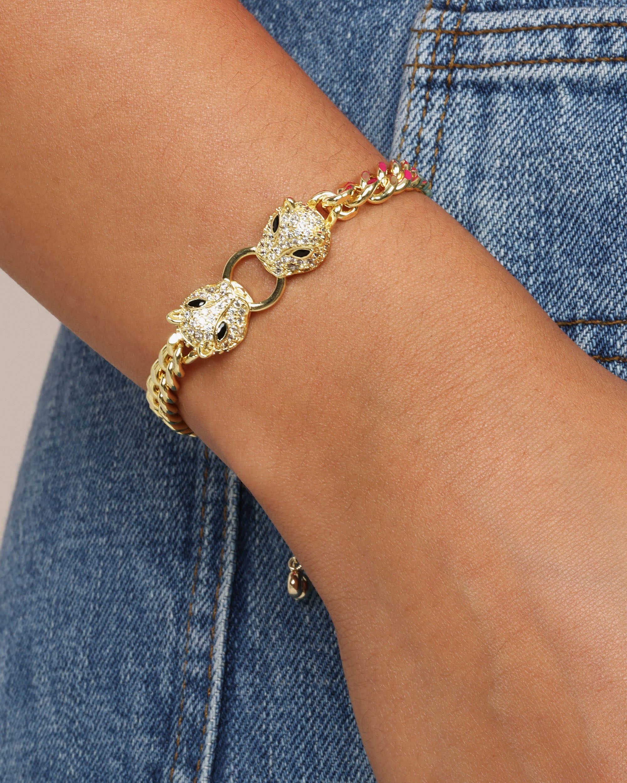 Double Jaguar Cuban Bracelet - Gold|White Diamondettes