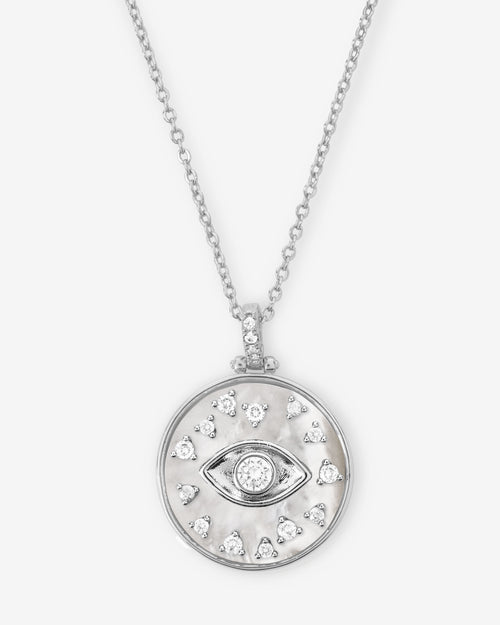 Evil Eye Medallion Necklace - Silver|White Diamondettes