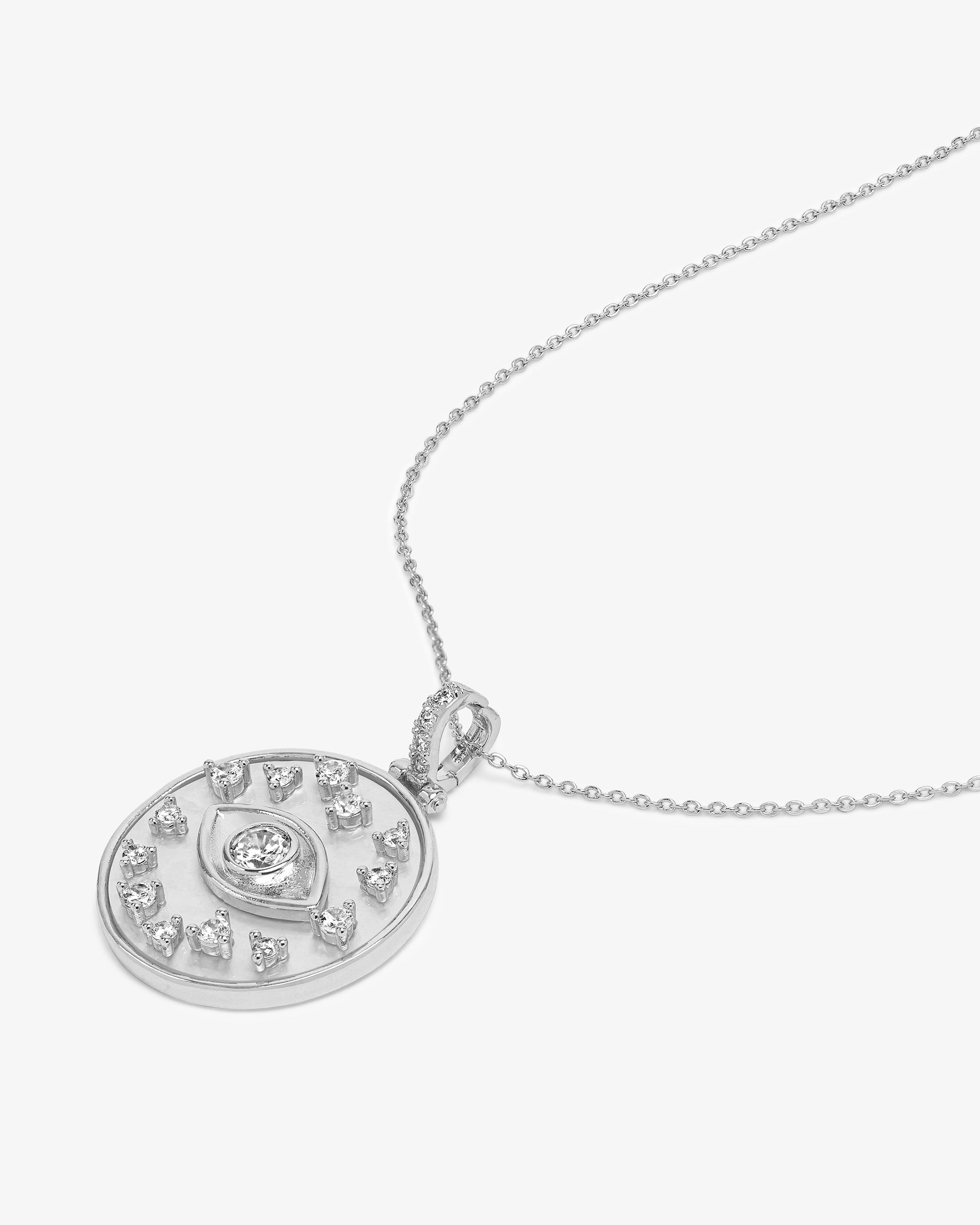 Evil Eye Medallion Necklace - Silver|White Diamondettes