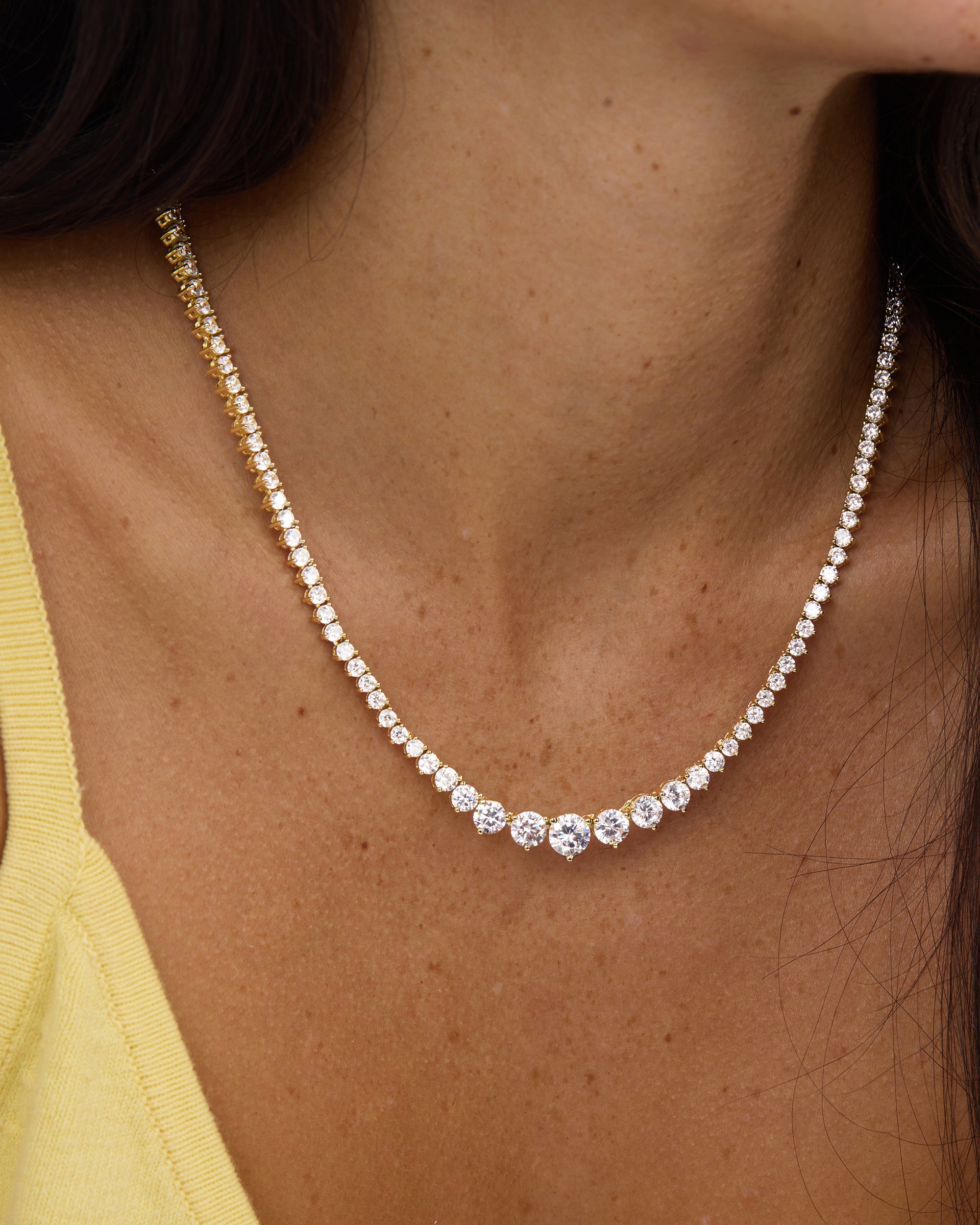 Not Your Basic Graduated Tennis Necklace 18" - Gold|White Diamondettes