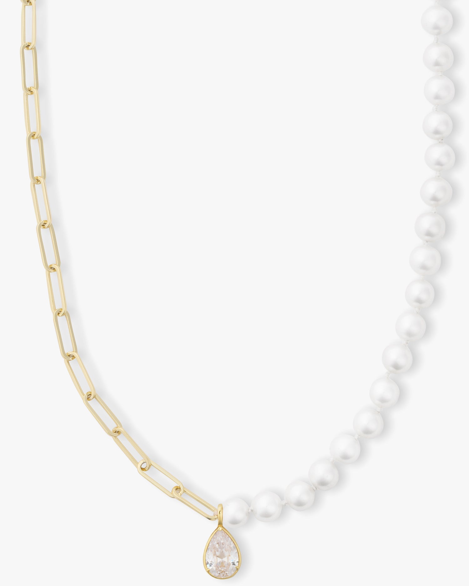 Samantha Half Chain Pearl Necklace 30" w/Detachable Teardrop - Gold