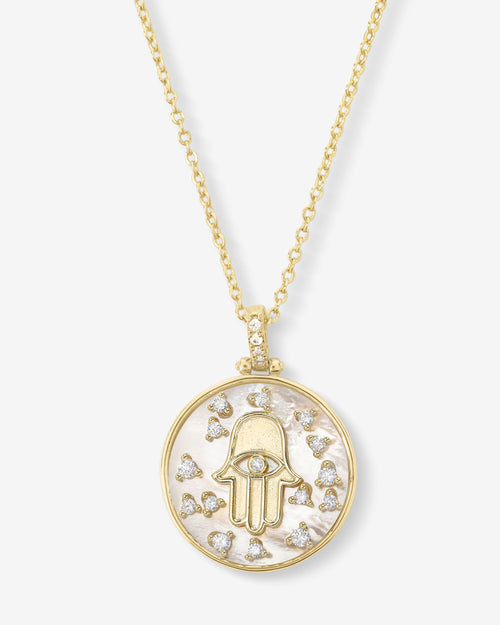 Hamsa Medallion Necklace - Gold|White Diamondettes