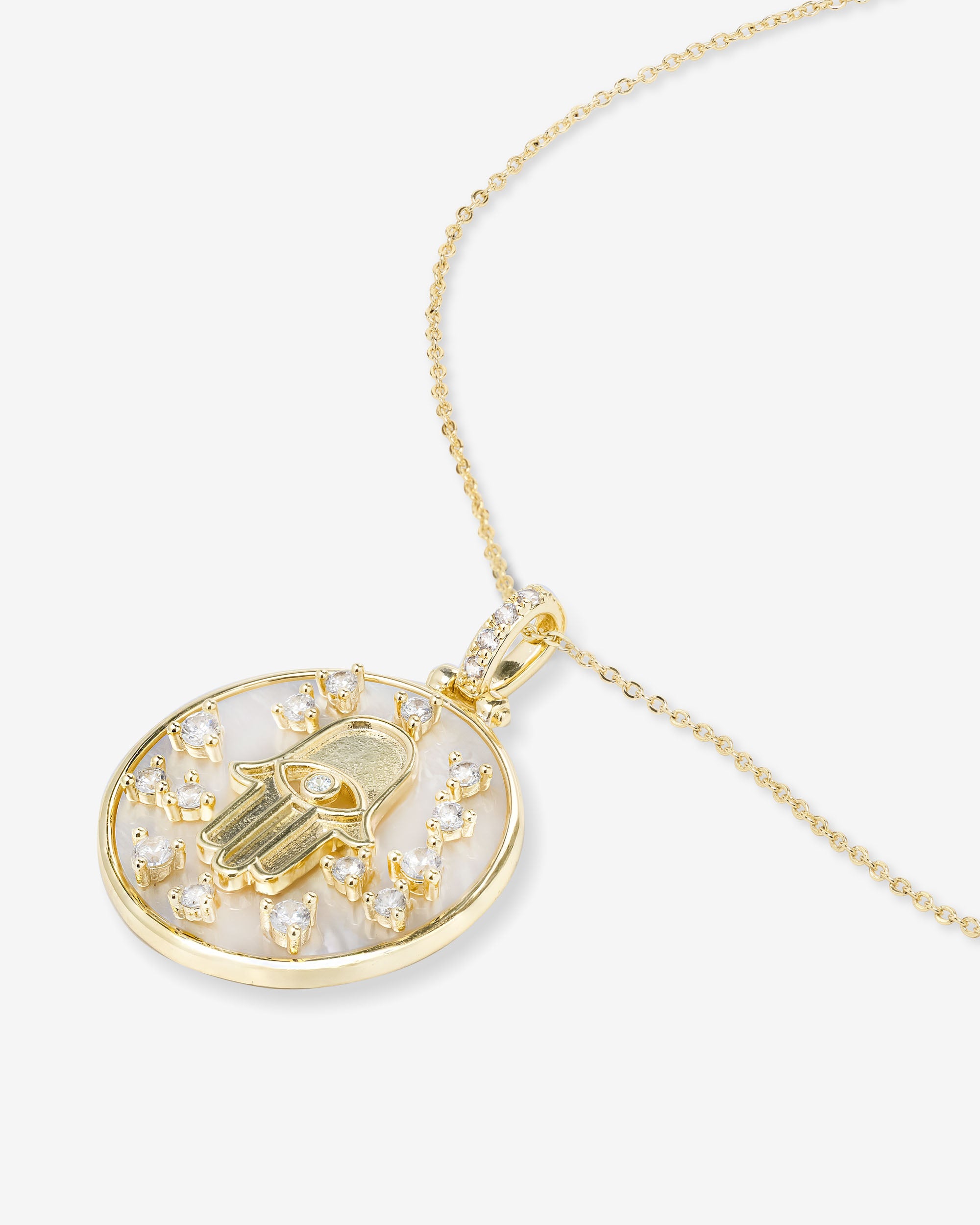 Hamsa Medallion Necklace - Gold|White Diamondettes