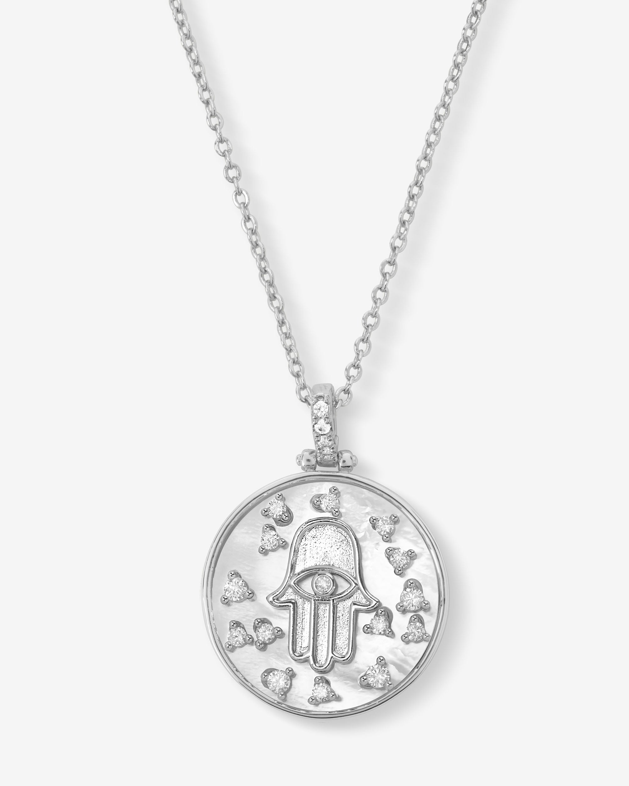 Hamsa Medallion Necklace - Silver|White Diamondettes