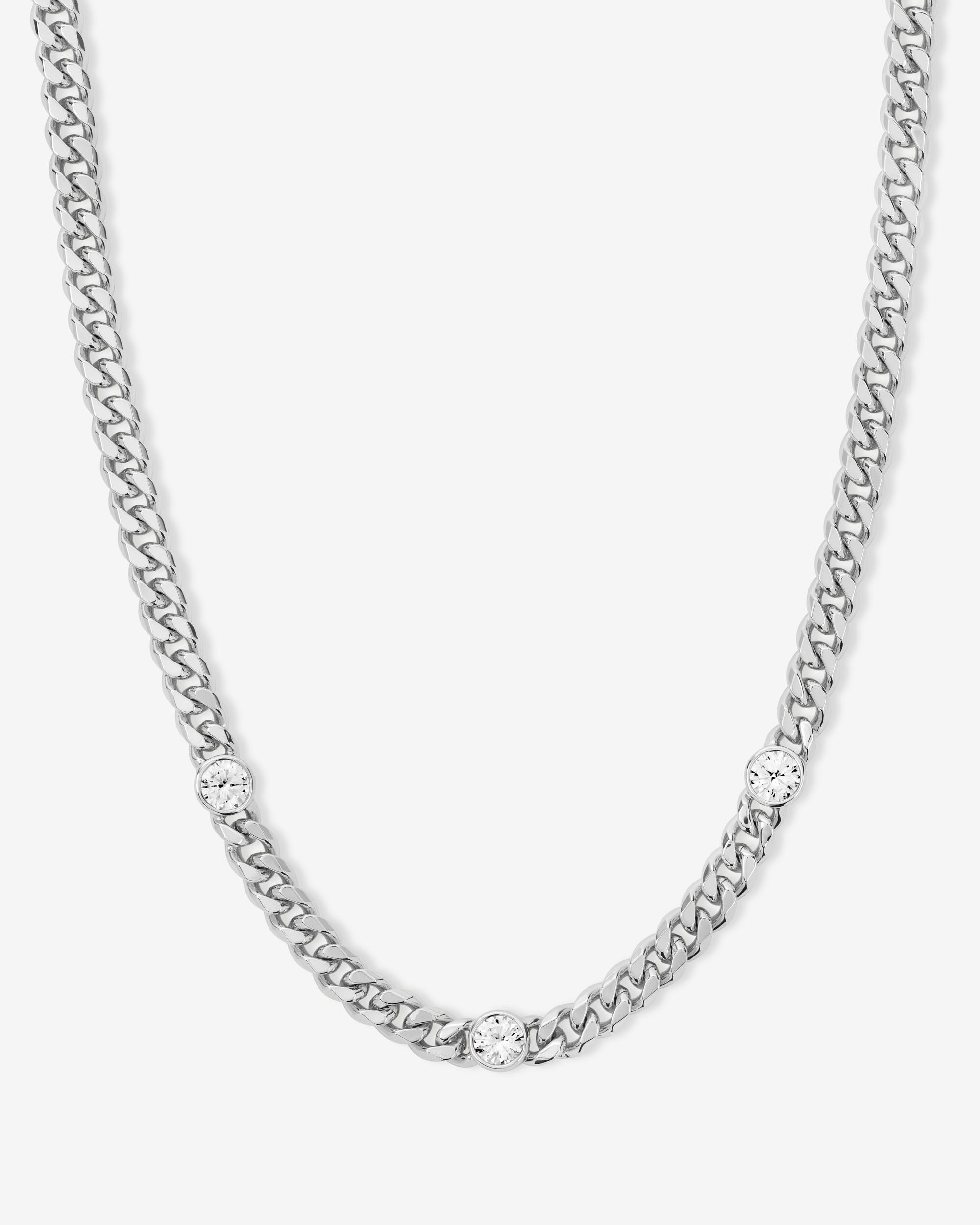 Julian Triple Diamond Cuban Chain Necklace 18" - Silver|White Diamondettes