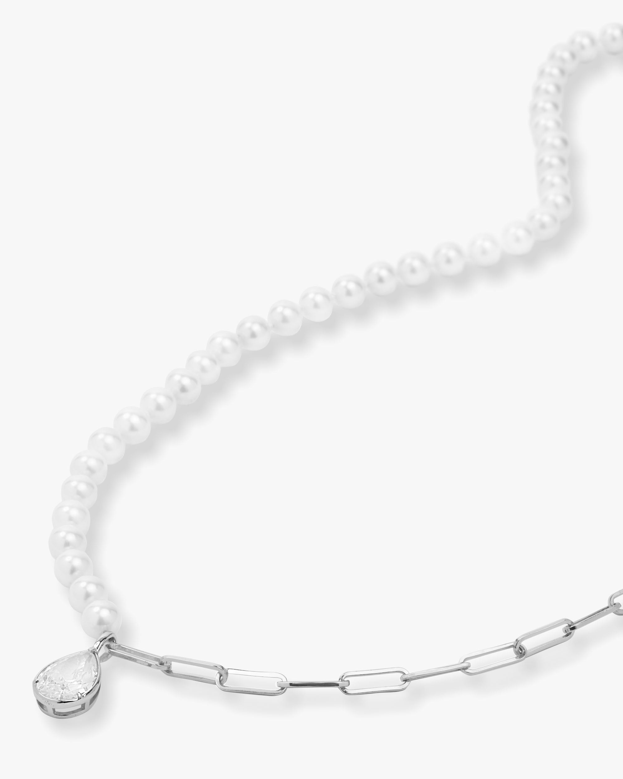 Samantha Half Chain Pearl Necklace 30" w/Detachable Teardrop - Silver