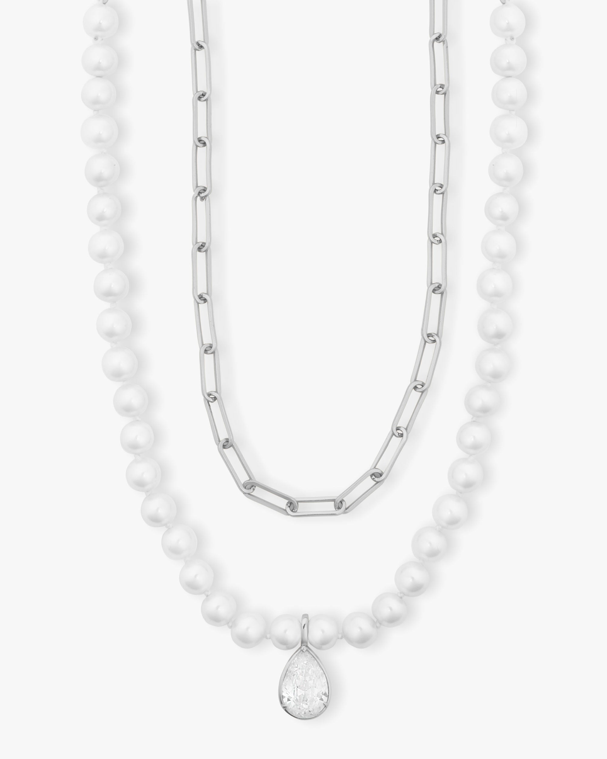 Samantha Half Chain Pearl Necklace 30" w/Detachable Teardrop - Silver