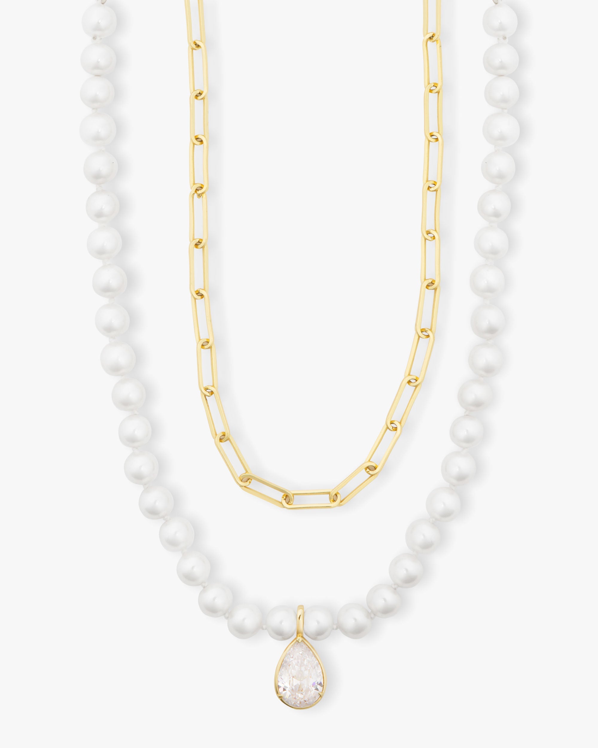 Samantha Half Chain Pearl Necklace 30" w/Detachable Teardrop - Gold