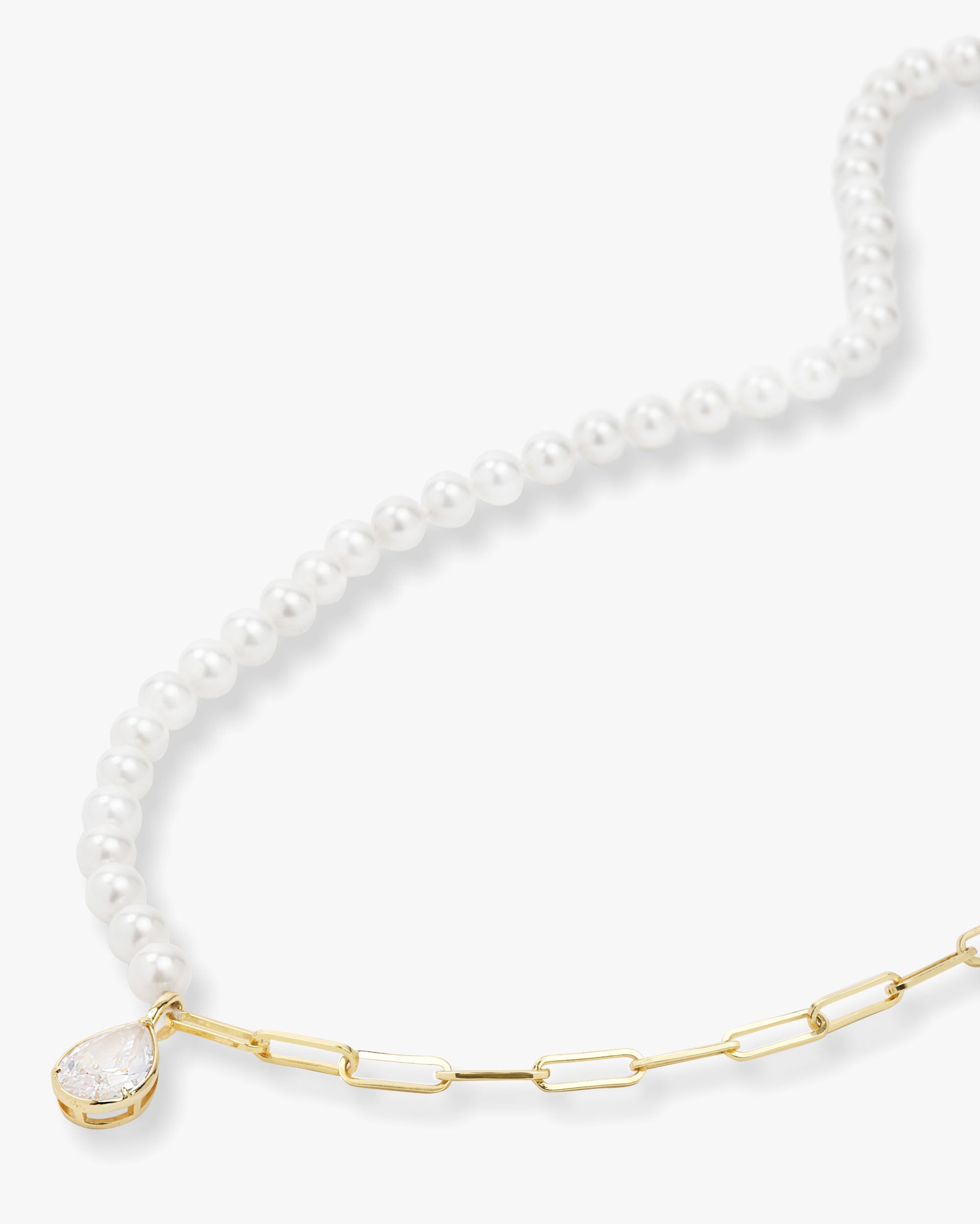 Samantha Half Chain Pearl Necklace 30" w/Detachable Teardrop - Gold