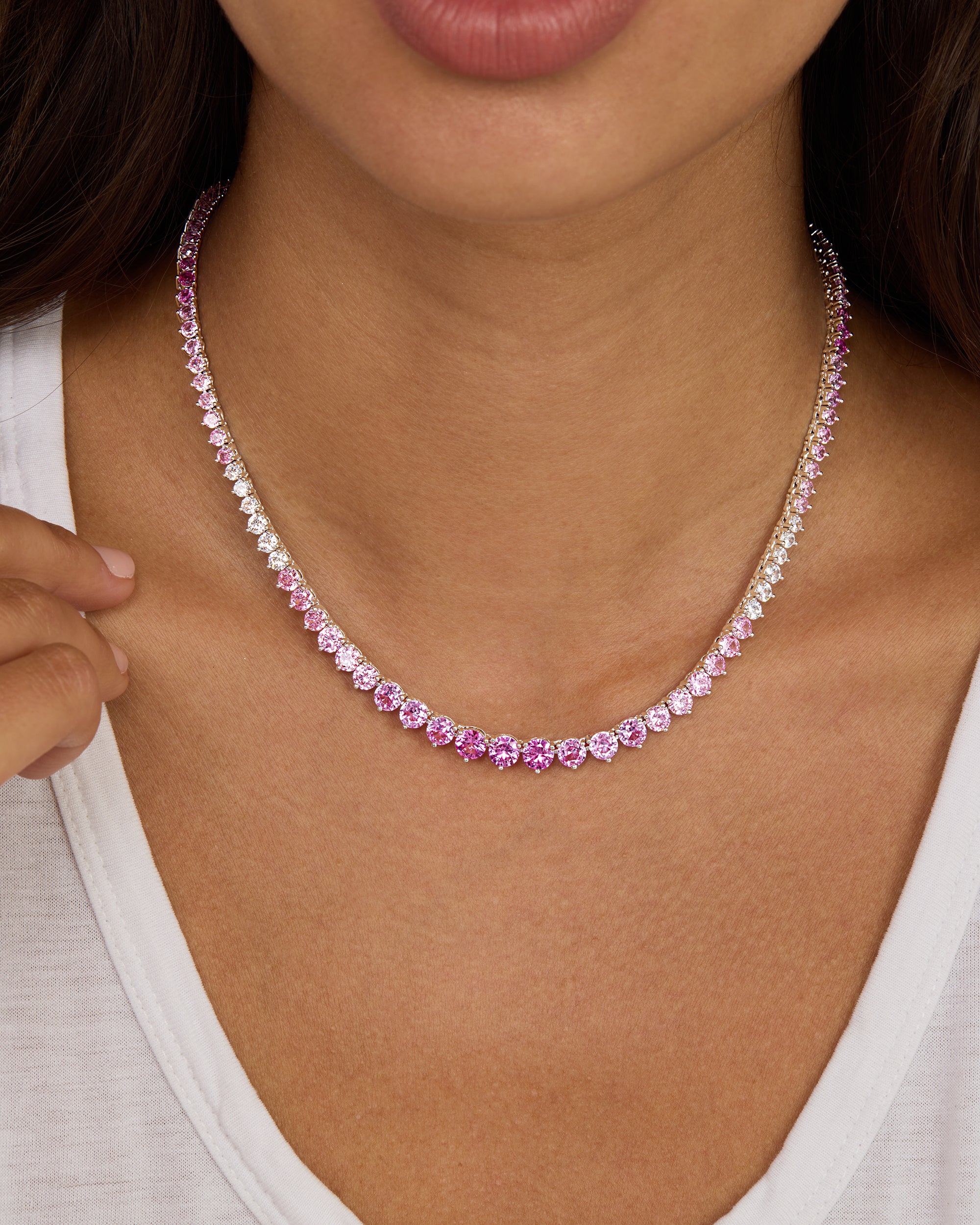 Not Your Basic Graduated Ombré Tennis Necklace 16" - Silver|Pink Sapphire Ombré