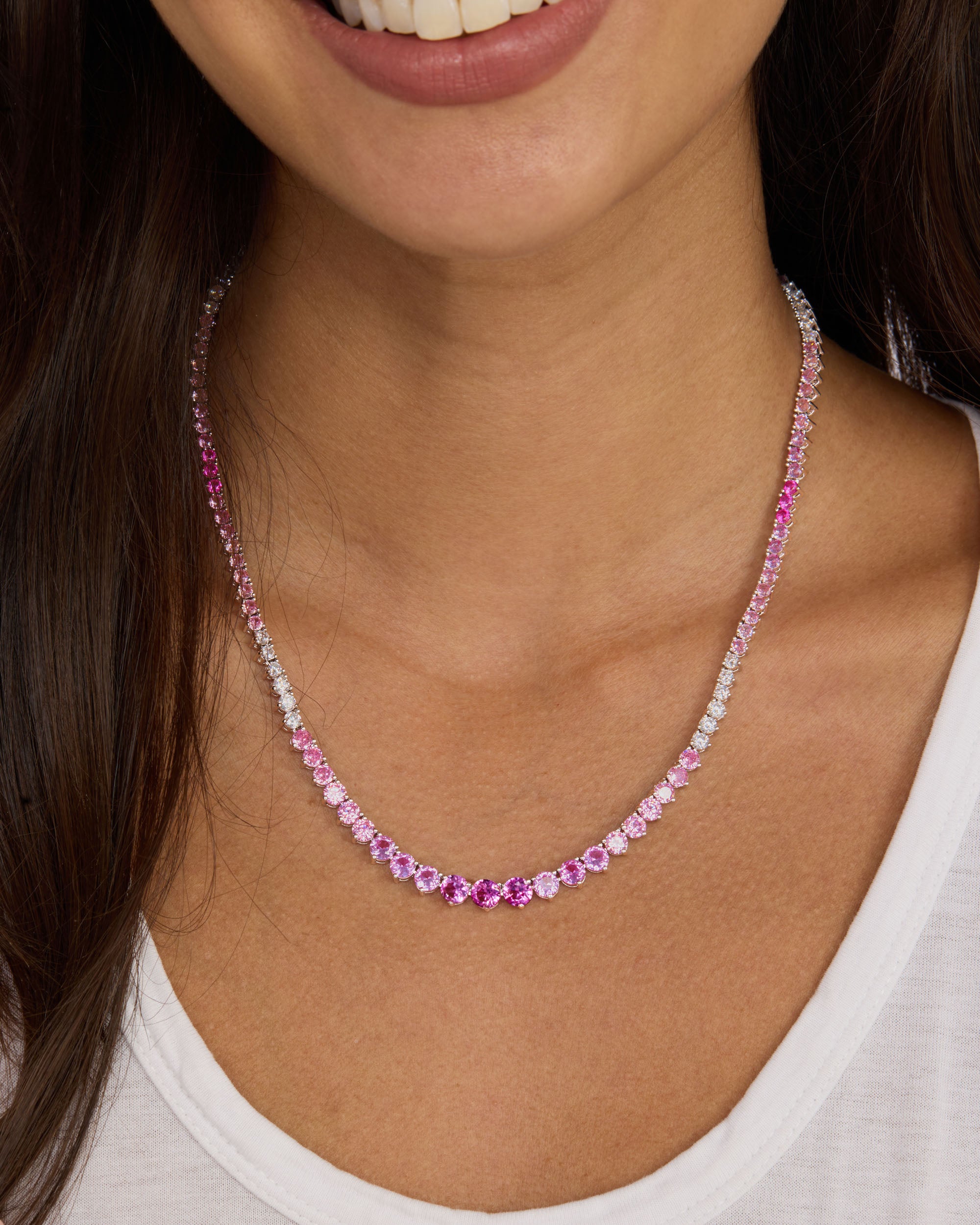 Not Your Basic Graduated Ombré Tennis Necklace 18" - Silver|Pink Sapphire Ombré