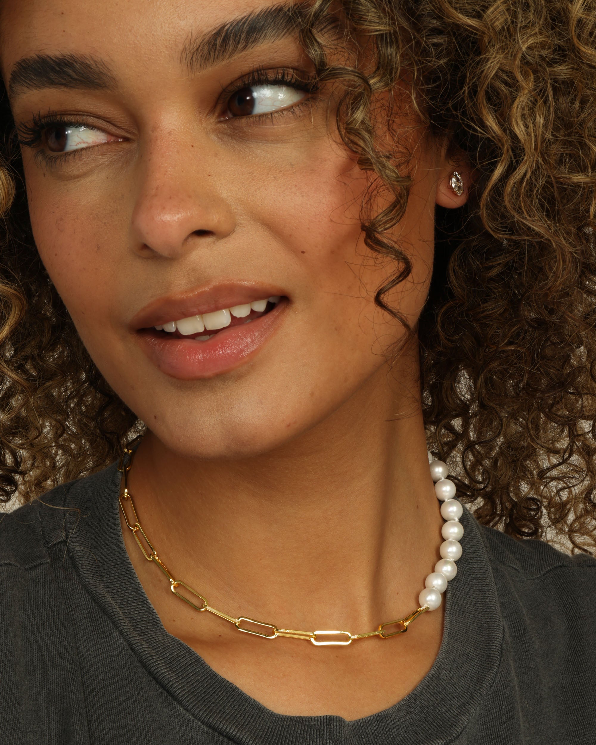 Samantha Half Chain Pearl Necklace 15" - Gold