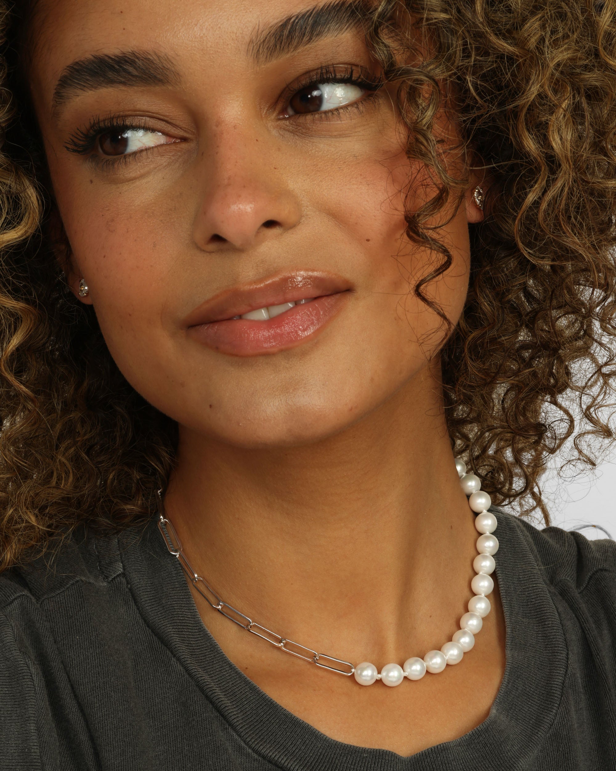 Samantha Half Chain Pearl Necklace 15" - Silver