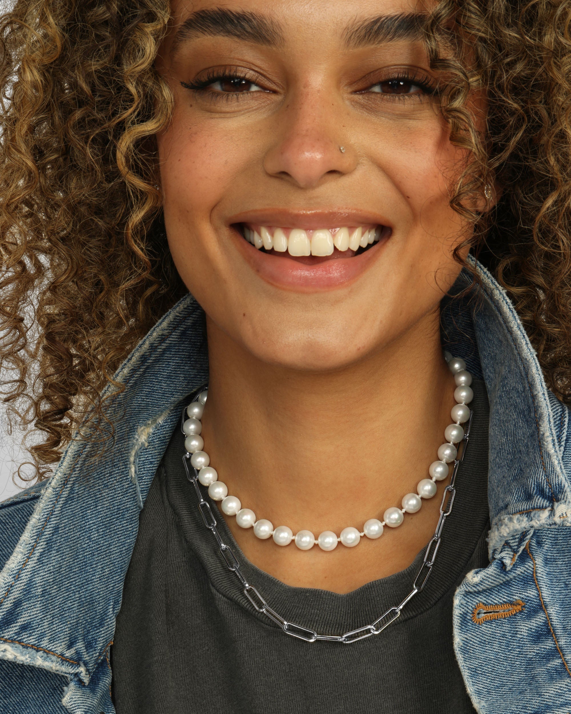 Samantha Half Chain Pearl Necklace 30" - Silver