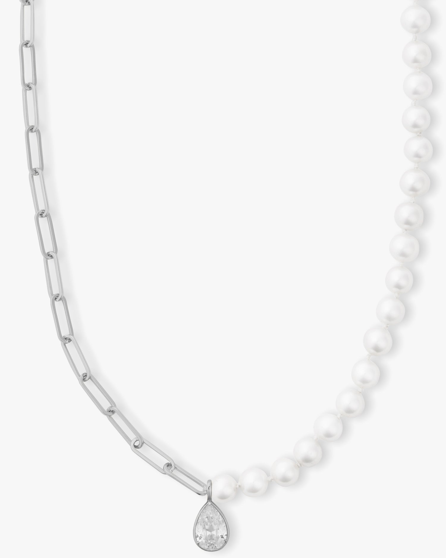 Samantha Half Chain Pearl Necklace 30" w/Detachable Teardrop - Silver