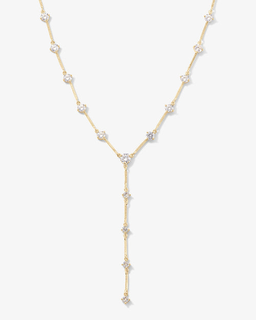 Lavish Lariat Necklace - Gold|White Diamondettes